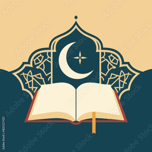 Quran with Crescent Moon and Islamic Ornament