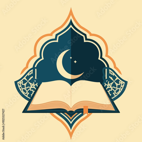 Quran with Crescent Moon and Islamic Ornament