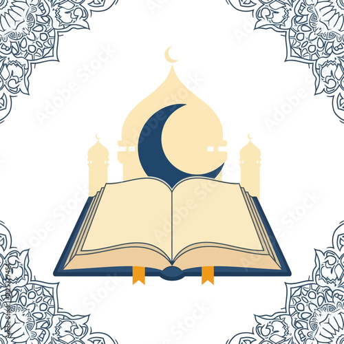 Quran with Crescent Moon and Islamic Ornament