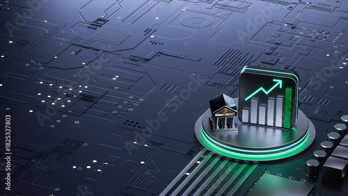 3D rendering of financial growth graph and bank icon on circuit board for fintech concept
