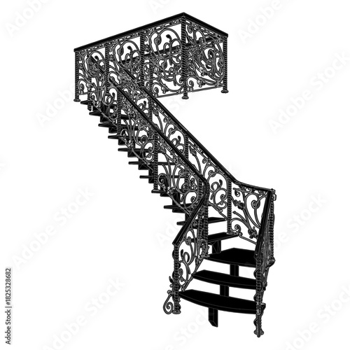 Staircases Vector. Decorative Stairs With Retro Vintage Ornamental Wrought Iron Railing. Illustration Isolated On White Background. 