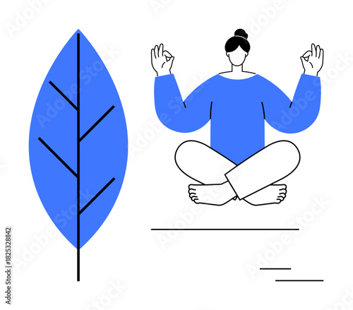 Woman seated in lotus position performing meditation and holding hand gestures, blue abstract leaf beside. Ideal for wellness, mindfulness, self-care, yoga, balance, relaxation minimalism. Simple