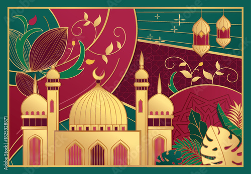 Islamic festival poster background design with mosque, flower, arabic calligraphy, crescent moon and lantern. Suitable for Ramadan Kareem , Hari Raya, Eid Mubarak, Eid al Adha.