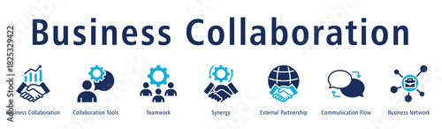Business collaboration web banner icon vector illustration concept with icon of business collaboration, collaboration tools, teamwork, synergy, external partnership, and communication flow.