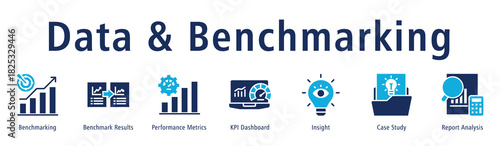 Data and benchmarking web banner icon vector illustration concept with icon of benchmarking, benchmark results, performance metrics, KPI dashboard, insight, case study, and report analysis.