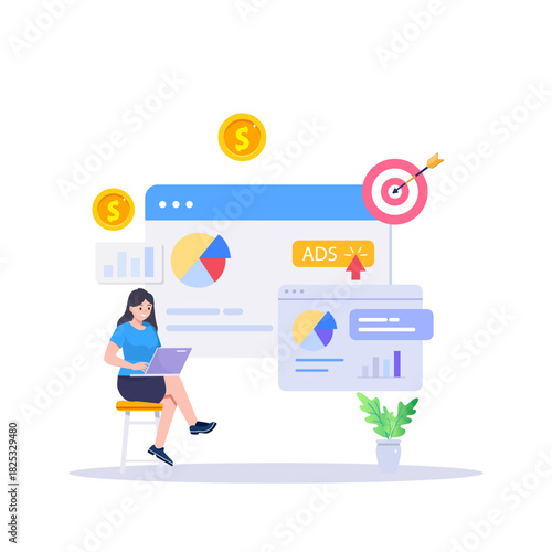concept of Pay per click, PPC, paid advertising campaign displays ads on websites that generate revenue for publishers, Advertising or advertising, Promoting a brand to an audience, internet.