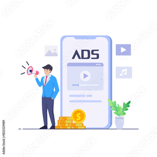 concept of Pay per click, PPC, paid advertising campaign displays ads on websites that generate revenue for publishers, Advertising or advertising, Promoting a brand to an audience, internet.