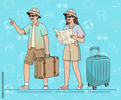 couple tourist traveler journey holiday vacation traveling destination vector template illustration