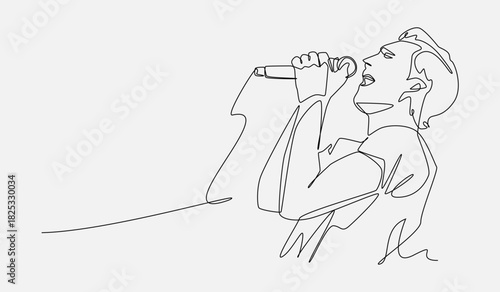 Continuous line drawing of a male singer performing with microphone. Isolated on white background. Vector illustration.