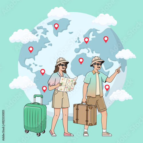 couple tourist traveler holiday vacation journey around the world traveling destination vector template illustration