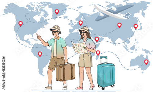 couple tourist traveler holiday vacation traveling destination world map vector template illustration