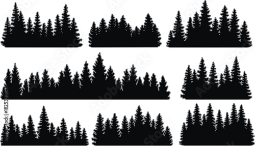 Conifer tree silhouettes, forest shapes, black icons, nature elements, landscape design, vector graphic, minimal, bold, evergreen, art