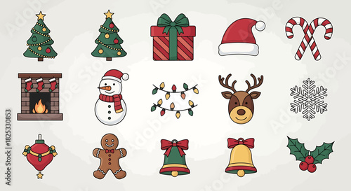 Delightful Christmas icons to spread holiday cheer, featuring vibrant gifts, trees, snowflakes, and ornaments for your festive designs and merry projects
