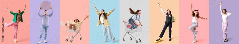 Obraz premium Collage of happy young people on color background