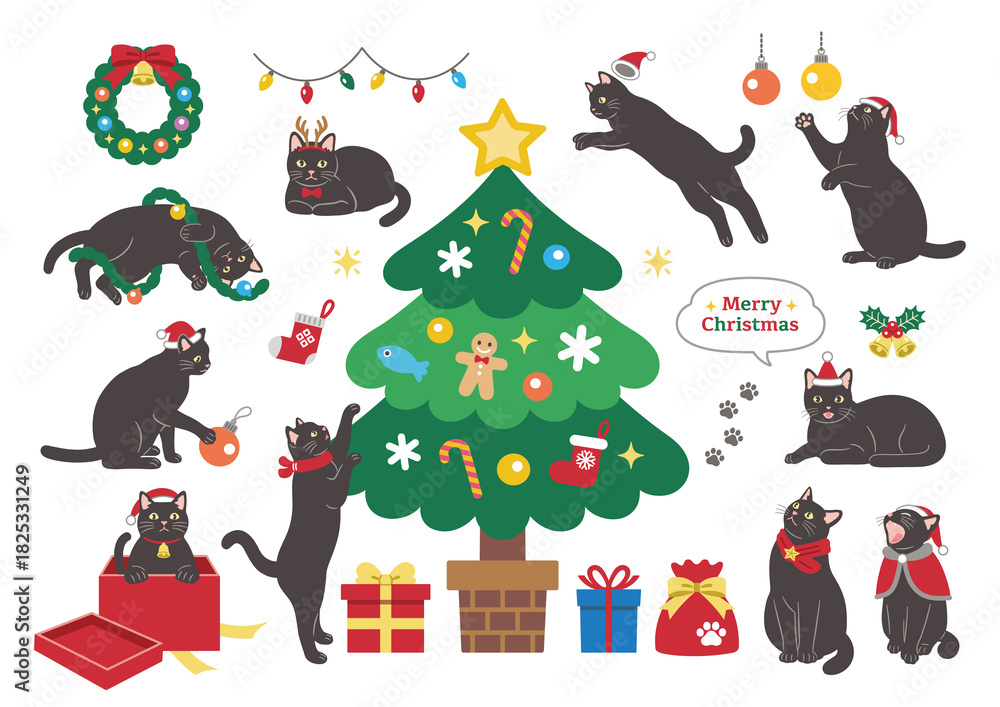 Fototapeta premium クリスマスを楽しむかわいい黒猫のイラスト