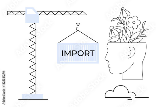 Crane lifting a container labeled Import into an open head with blooming flowers. Ideal for learning, inspiration, creativity, globalization, ideas exchange, mental growth, intellectual progress