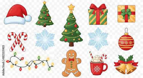 Delightful Christmas icons to spread holiday cheer, featuring vibrant gifts, trees, snowflakes, and ornaments for your festive designs and merry projects