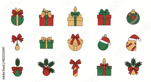 Delightful Christmas icons to spread holiday cheer, featuring vibrant gifts, trees, snowflakes, and ornaments for your festive designs and merry projects