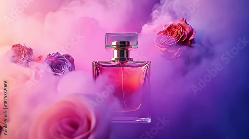 Elegant perfume bottle surrounded by roses and dreamy, colorful smoke.