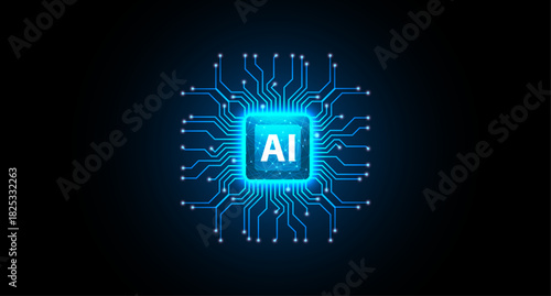 Glowing AI Chip with Futuristic Circuit Lines for for presentations, websites, banners, and promotional materials related to artificial intelligence, machine learning, robotics, or digital innovation.