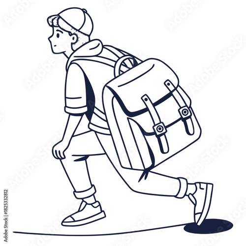 A stylized line drawing of a young person wearing a baseball cap and a backpack in a dynamic pose ready for adventure or travel