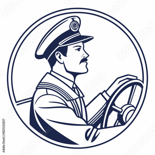 Vintage style illustration of a man wearing a captain s hat and uniform driving a vehicle with his hands on the steering wheel in a circular emblem