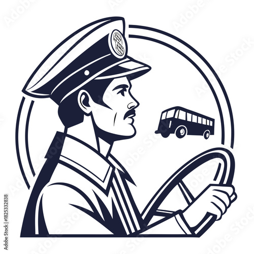 Retro style bus driver wearing a uniform and hat gripping a steering wheel with a bus icon in the background emblem