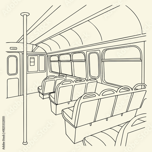 Interior view of an empty public transportation vehicle showing rows of seats and windows with a vertical pole for passenger support in a clean line art style