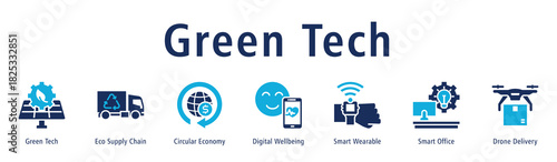 Green Tech web banner icon vector illustration concept with icon of green tech, eco supply chain, circular economy, digital wellbeing, smart wearable, smart office, and drone delivery.