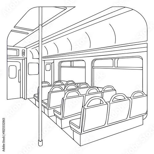 Inside view of an empty public transportation train carriage with rows of seats and windows along the side and a pole for standing passengers