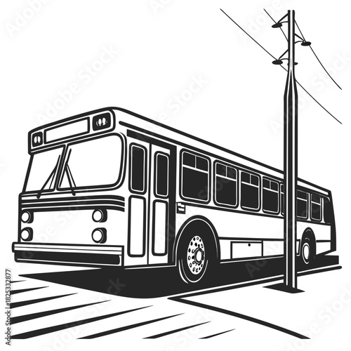 Classic city transit bus parked at a street corner next to a utility pole with overhead wires and a crosswalk in a stylized black and white illustration