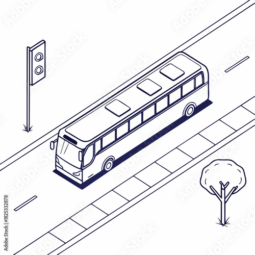 Isometric line art illustration of a modern bus traveling on a road with a traffic light and a tree on the sidewalk