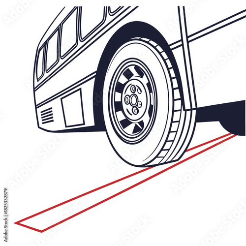 Close up perspective of a bus wheel on a road with red lines indicating a path or direction for transportation and travel concepts