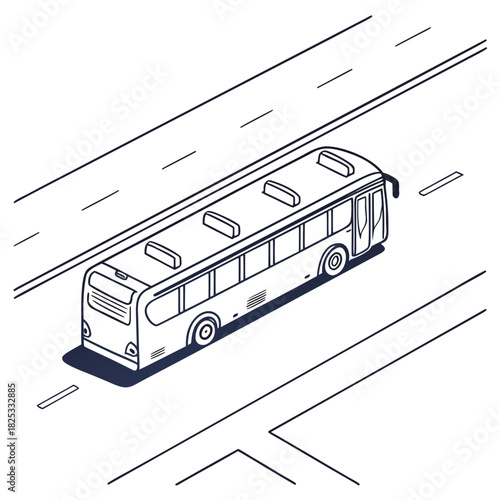 A simple black and white line drawing illustration of a long passenger bus driving on a road with lane markings and a junction in isometric perspective