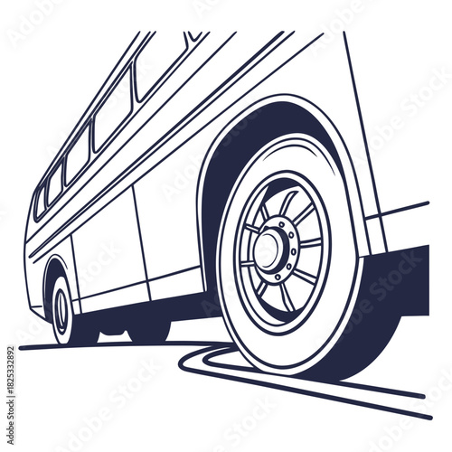 Close up perspective of a vintage style bus side view with a large wheel on a road creating tire marks in a simple line art illustration