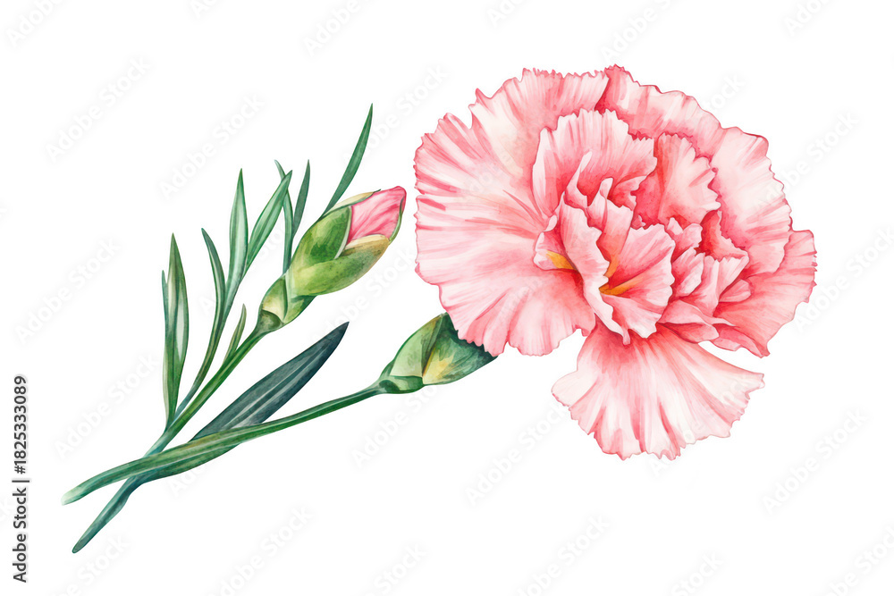 Fototapeta premium A beautifully detailed watercolor illustration of a pink carnation flower with delicate buds and green leaves. set against a clean white background. perfect for floral design projects or nature-themed