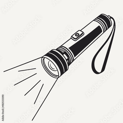 A black and white illustration of a modern metal flashlight emitting a beam of light with a wrist strap attached isolated on a plain background