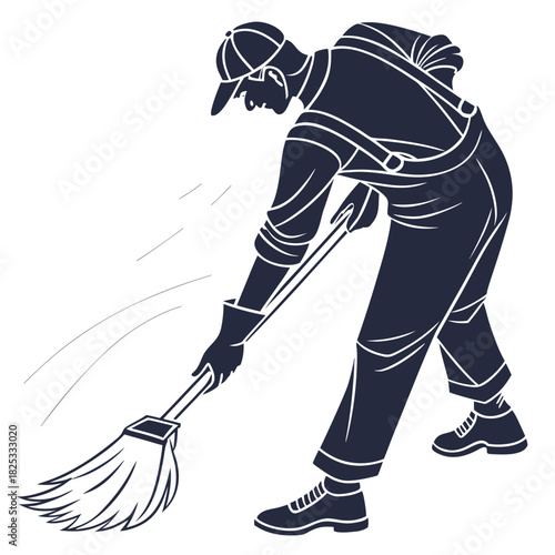 Silhouette of a person wearing overalls and a cap diligently mopping the floor with a mop creating a sense of cleanliness and hygiene