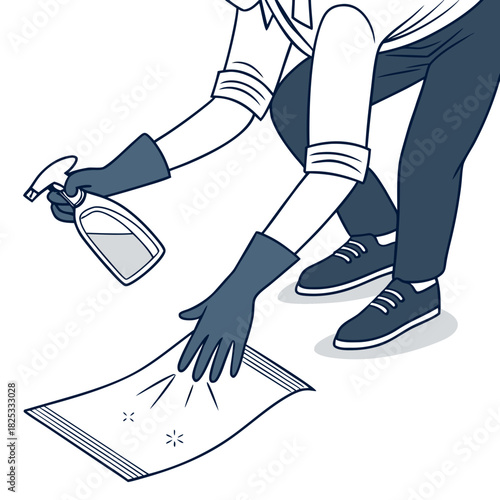 Person wearing gloves and holding a spray bottle while cleaning a surface with a cloth illustrating hygiene and disinfection practices
