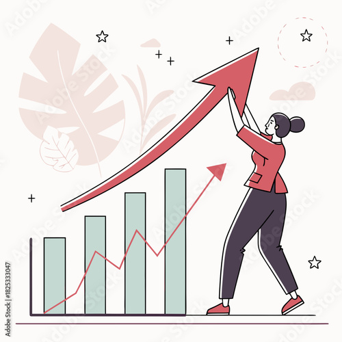 A determined woman actively pushing a large red arrow upwards symbolizing business growth and financial success with a bar chart and rising trend line in the background