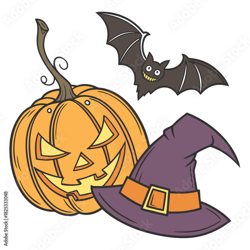 A spooky halloween scene featuring a jack o lantern pumpkin with a grinning face a flying bat with wide wings and a purple witch hat with an orange band