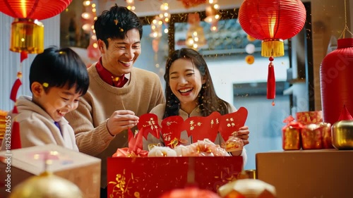 Joyful family celebrating lunar new year with traditional festivities and lanterns