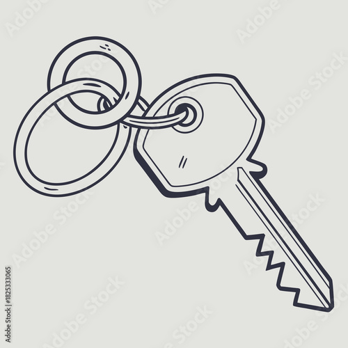 Simple hand drawn illustration of a single metal house key attached to a round keyring on a plain grey background