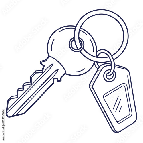 A simple hand drawn outline illustration of a metal key with a blank rectangular tag attached to a silver keyring on a white background