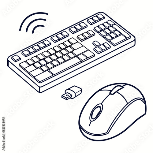 Clean line art illustration of a wireless keyboard and mouse set with a usb dongle and signal waves indicating connectivity on a white background