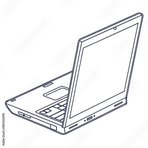 A minimalist outline drawing of an open laptop computer viewed from a slightly elevated angle showcasing its keyboard and blank screen against a white background