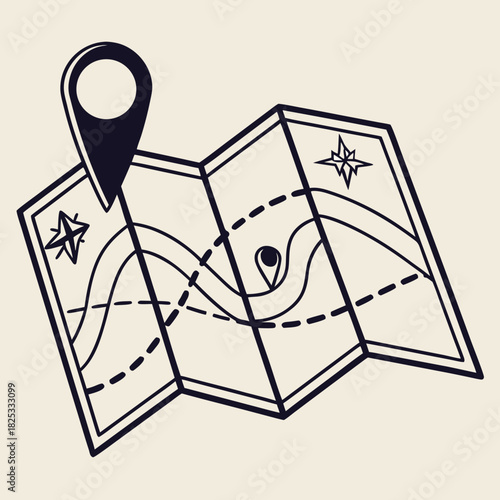 Stylized hand drawn line art illustration of a folded paper map with a prominent location pin marker and navigational compass rose symbols indicating direction and destination