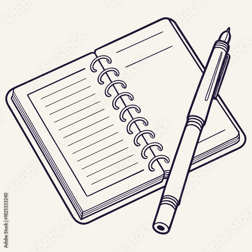 A simple clean line art illustration of an open spiral bound notebook with lined pages and a pen resting on the right side against a neutral background