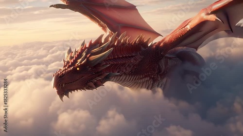 Red Dragon Flying Through Mysterious Clouds – Epic Fantasy Creature in Sky Atmosphere