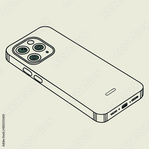 Clean isometric line art illustration of a modern smartphone back with a multi lens camera system and subtle details on a light background